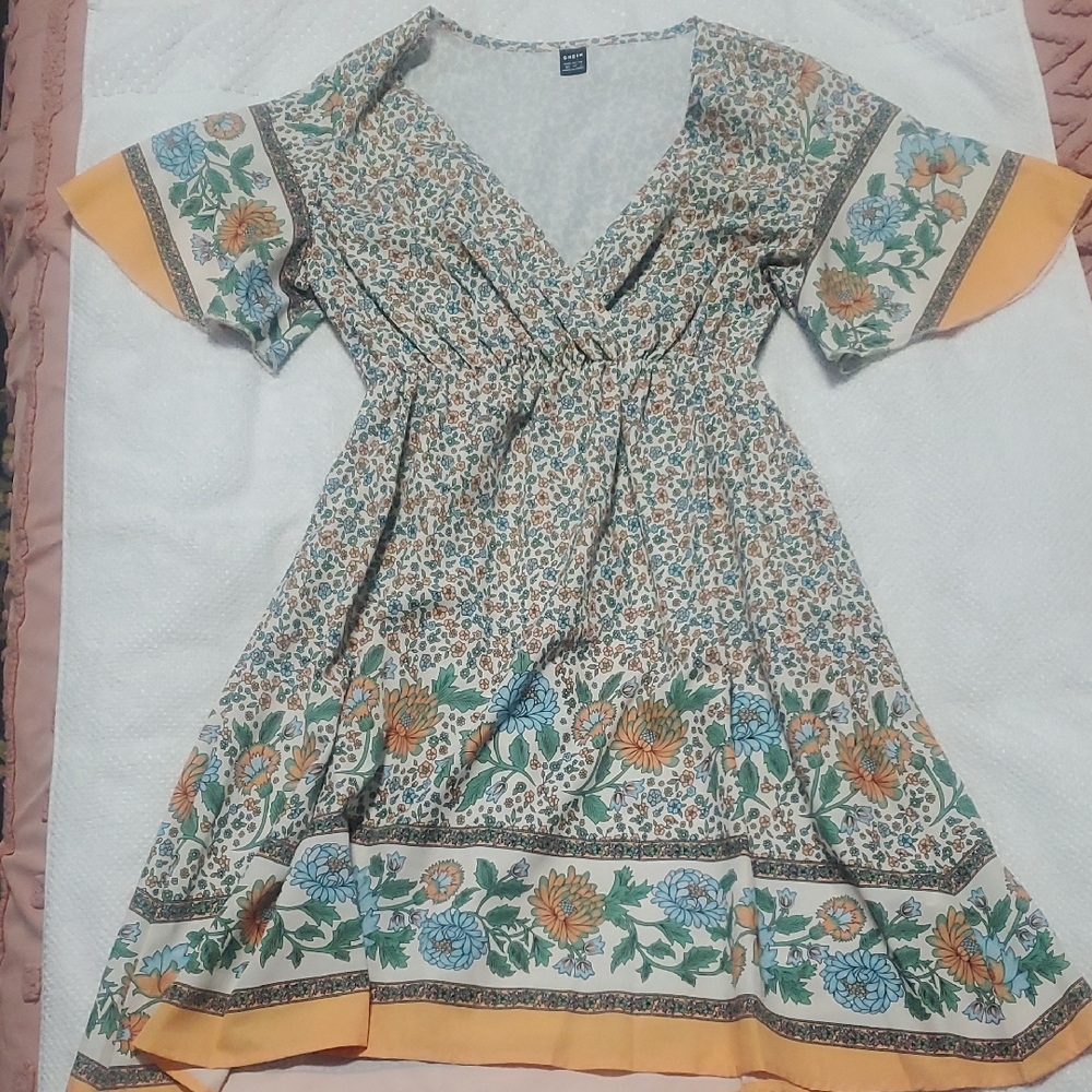 SHEIN Cream Floral V‑Neck Mini Dress with Teal & Mustard Accents